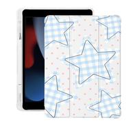 BlHMCASE Cute Blue Grid Star for iPad mini 7 A17 Pro 2024/iPad Mini 6 Case with Pencil Holder, Auto Sleep/Wake, White Leather Soft TPU Back Cover