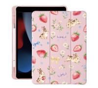 BlHMCASE Cute Bunny Strawberry Bow for iPad 7th/8th/9th Generation Case with Pencil Holder, Auto Sleep/Wake, Pink Leather Soft TPU Back Cover for iPad 10.2 Inch 2019/2020/2021