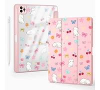 BlHMCASE Cute Kawaii Kitten Bow Cherry Flower for iPad Air 13 Inch Case M3 2025/M2 2024 with Pencil Holder, Auto Sleep/Wake, Pink Leather Clear Acrylic Back Cover