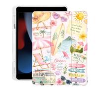 BlHMCASE Cute Sea Beach Ocean Surfboard for iPad 7th/8th/9th Generation Case with Pencil Holder, Auto Sleep/Wake, White Leather Soft TPU Back Cover for iPad 10.2 Inch 2019/2020/2021