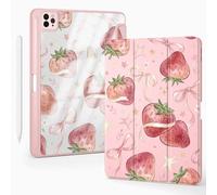 BlHMCASE Cute Strawberry Ribbon Bow for iPad mini 7 A17 Pro 2024/iPad Mini 6 Case with Pencil Holder, Auto Sleep/Wake, Pink Leather Clear Acrylic Back Cover