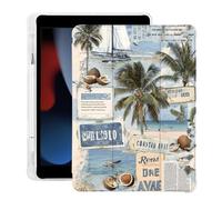 BlHMCASE Sea Beach Newspaper for iPad Air 11 Inch Case 7th/6th Generation (M3/M2) 2025/2024 with Pencil Holder, Auto Sleep/Wake, White Leather Soft TPU Back Cover