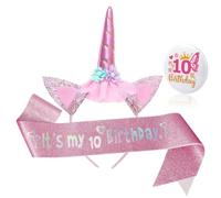 Bliceon 10th Birthday Girl Headband Sash and Badge with Pin, 3 Piece Pink 10th Birthday Decorations Girl for, Party Supplies, Daughter, Granddaughter, Niece, 10 Year Old Girls