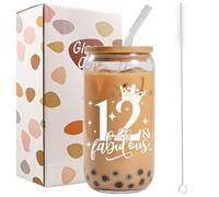 Bliceon 12th Birthday Gifts for Girls, 12th Birthday Iced Coffee Cup, 16oz Glass Cups with Lids and Straws for Daughter, Sister, Best Friend, Granddaughter, 12 Year Old Girl