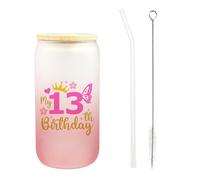 Bliceon 13 Year Old Girl Gift, 13th Birthday Gifts for Girls, 13th Pink Glass Cup, Iced Coffee Glass Cups with Lids and Straws, 16 oz Birthday Mug Aesthetic Cups for Girls, for Her, Sister, Friends