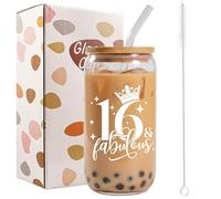 Bliceon 16th Birthday Gifts for Girls, 16th Birthday Iced Coffee Cup, 16oz Glass Cups with Lids and Straws for Daughter, Sister, Best Friend, Granddaughter, 16 Year Old Girl
