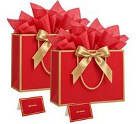 Bliceon 2 Pcs Medium Gift Bags for Presents, Birthday Gift Bag with Handles | Paper Gift Bags, Includes 4 Wrappers and 2 Cards, Wedding Bridesmaid Baby Shower, Red Gold Design