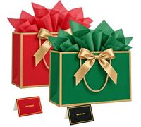 Bliceon 2 Pcs Medium Gift Bags for Presents, Birthday Gift Bag with Handles | Paper Gift Bags, Includes 4 Wrappers and 2 Cards, Wedding Bridesmaid Baby Shower, Red Green Design