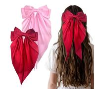 Bliceon 2pc Big Bow Hair Clips, Long Silky Satin Ribbons, Big Bowknot Hairpins Solid Color Barrettes for Women and Girls, Burgundy and Pink
