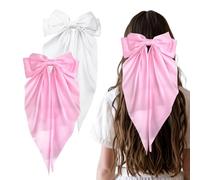 Bliceon 2pc Big Bow Hair Clips, Long Silky Satin Ribbons, Big Bowknot Hairpins Solid Color Barrettes for Women and Girls, Pink and White