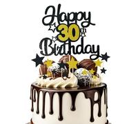 Bliceon 30th Birthday Cake Toppers - Black and Gold Glitter Decorations with Stars, 30 Years Old Birthday Party Cake Topper for Men and Women