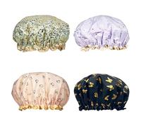 Bliceon 4 Piece Double Layer Waterproof Shower Cap, Reusable Elasticated Shower Cap Cover Earmuffs for Women, Spa and Salon, Purple, Black, Light Green, Pink