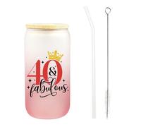 Bliceon 40th Pink Glass Cup, 40th Iced Coffee Glass Cups with Lids and Straws, 16 oz Birthday Mug Aesthetic Cups, Pink Cute Drink Cup for Girls, for Women, Friends Birthday Gifts
