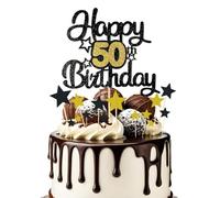 Bliceon 50th Birthday Cake Toppers - Black and Gold Glitter Decorations with Stars, 50 Years Old Birthday Party Cake Topper for Men and Women