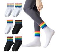 Bliceon 6 Pairs Rainbow Ankle High Cotton Socks - Pride Month Gay, White Cushioned Crew for Men Women, Rainbow Striped for Gym Tennis Running and LGTBQ Party Accessories