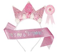 Bliceon 6th Birthday Girl Headband Sash and Girl Badge with Pin, 3 Piece Pink Glitter Princess Party Decorations for Girls, Party Supplies, Daughter, Granddaughter, Niece, 6th Birthday Gifts
