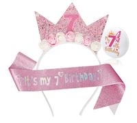 Bliceon 7th Birthday Girl Headband Sash and Badge Set, 3 Piece Pink Glitter Princess Party Decorations, Birthday Decorations Gifts for 7 Year Old Girls Party Supplies