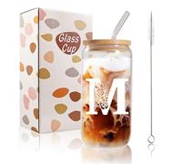 Bliceon A-Z Initial Personalised Birthday Gifts for Women, 500ml Iced Coffee Glass Cups for Mum, Friends and Sisters, Men, Dad, Iced Coffee Cup Gift with Lids and Straws (M)