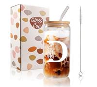 Bliceon A-Z Initial Personalised Birthday Gifts for Women, 500ml Iced Coffee Glass Cups for Mum, Friends and Sisters, Men, Dad, Iced Coffee Cup Gift with Lids and Straws (D)