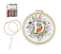 Bliceon Beginner Flower Embroidery Kit - Letter D Stamped Cross Stitch Starter Set with Embroidery Hoop, Needles and Threads for Adults - Craft Kit for Embroidery Lovers