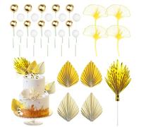 Bliceon Cake Decorations, 29 Gold and White Cake Ornaments with Palm and Ginkgo Leaf Decorations for Weddings, Birthday Parties, Baby Showers and Christmas Celebrations
