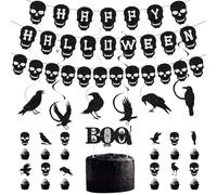 Bliceon Halloween Party Decoration Set, Halloween banner, Scary Skeleton Banner, Raven Hanging Swirl Decorations, Boo Halloween Cake Topper, for Halloween Night, Horror Themed Party Decorations