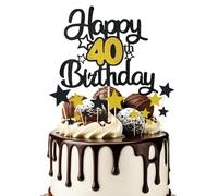 Bliceon Happy 40th Birthday Cake Topper, Black and Gold Glitter 40 Cake Topper with Stars, Personalised Birthday Decorations for Men Women, Anniversary Party, Cupcakes Supplies