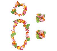 Bliceon Hawaiian Flower Lei Garland Necklace Set, Tropical Party Decor, Fancy Dress Accessories, Headbands and Wristbands for Beach Celebrations for Adults and Kids for Luau Events, Red
