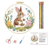 Bliceon Rabbit Embroidery Kit for Easter, Cross Stitch Kits for Adults, Flowers Rabbit Embroidery Kits with Instruction, Threads and Needles, Hoops, Printed Tapestry Kit (Style 2)