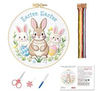 Bliceon Rabbit Embroidery Kit for Easter, Cross Stitch Kits for Adults, Flowers Rabbit Embroidery Kits with Instruction, Threads and Needles, Hoops, Printed Tapestry Kit (Style 3)