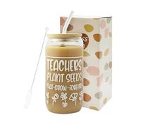 Bliceon Teacher Gifts for Women, Personalized Travel Mug, 16 oz Glass Cup with Lid and Straw, Fun Thank You Teacher Iced Coffee Cup Gift