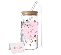 Bliceon Valentines Gifts for Her, 16oz Valentines Day Glass Cups with Lids and Straws, Personalised Iced Coffee Cup for Girlfriend, Wife, Birthday, Anniversary, Friends (Rose Gold)