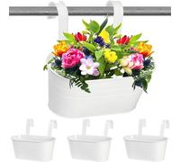 BLIFUGE Hanging Plant Pots 4PCS, Metal Hanging Flower Pot for Balcony Fence Garden Home Decor, 27cm Over Fence Planters with Detachable Hook - White