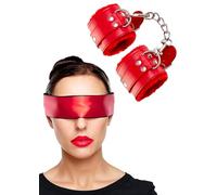 Blindfold Set Satin Eye Mask Blindfold Set - Red Faux Leather Fluffy Handcuffs - Black Blindfold Satin Eye Mask - Adjustable Plush Fluffy Handcuffs Fluffy