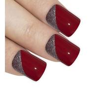 Bling Art False Nails French Fake Glitter Red Silver Squoval Medium Acrylic Tips
