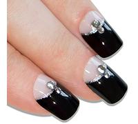 Bling Art False Nails French Manicure Black Crystal Full Cover Medium Tips UK