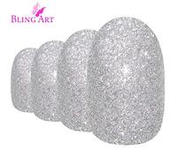Bling Art Oval False Nails Gel Glossy Glitter French Manicure Fake Medium Tips with Glue (Ariana Gel)