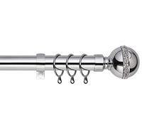 Bling Ball Extendable Curtain Pole. Includes Pair Of Superior 60mm Size Finials, Rings, Brackets & Fittings Set. (Chrome, 120cm - 210cm, 48 inch to 83 Inch)