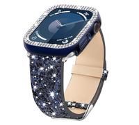 Bling Band Compatible with Apple Watch and Case 38mm 40mm 41mm 42mm 44mm 45mm Ultra 49mm Glitter Leather Band with Protective Cover for Apple Watch