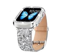 Bling Bands Compatible with Apple Watch Band 38mm 40mm 42mm 44mm + Case, Women And Men Glitter Leather Strap with Bling Diamond Protector Cover for iWatch Series 6 5 4 3 2 1 SE (Silver, 38 mm)