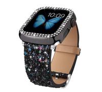 Bling Bands Compatible with Apple Watch Band 38mm 40mm 42mm 44mm + Case, Women Glitter Leather Strap with Bling Diamond Protector Cover for iWatch Series 6 5 4 3 2 1 SE Sport Edition (Black, 44mm)