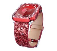 Bling Bands Compatible with Apple Watch Band 38mm 40mm 42mm 44mm + Case, Women Glitter Leather Strap with Bling Diamond Protector Cover for iWatch Series 6 5 4 3 2 1 SE Sport Edition (Red, 38mm)