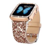 Bling Bands Compatible with Apple Watch Band + Case 38mm 40mm 41mm 42mm 44mm 45mm 49mm Ultra 2/1, Glitter Leather Strap with Bling Diamond Protector Cover For iWatch Series 9 8 SE 7 6 5 4 3 2 1 (41mm,