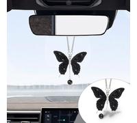 Bling Butterfly Diamond Car Hanging Accessories, Crystal Car Rear View Mirror Charms Car Decorative Accessories for Women, Lucky Presents Hanging Ornament Pendant Decor for All Cars (Black)