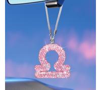 Bling Car Accessories for Women, 12 Zodiac Constellation Charm Crystal Pendant, Rear View Mirror Cute Crystal Pendant, Lucky Gifts Diamond Rhinestone Charm Interior Pink Libra