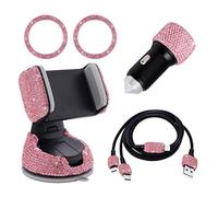Bling Car Accessories for Women Interior, Glitter Girly Car Accessories, Usb Charging Cable Multi Fast Charge, Usb Car Charger, Phone Holder Diamond Cute Car Gadgets (Pink, 5pc Set)