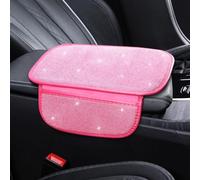 Bling Car Armrest Pad with Diamond Rhinestones Universal Center Console Cover Protector Car Interior Accessories Women Rose Red with Pocket