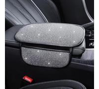 Bling Car Armrest Pad with Diamond Rhinestones Universal Center Console Cover Protector Car Interior Accessories Women White with Pocket