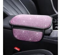 Bling Car Armrest Pad with Diamond Rhinestones Universal Center Console Cover Protector Car Interior Accessories Women Pink with Pocket