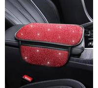 Bling Car Armrest Pad with Diamond Rhinestones Universal Center Console Cover Protector Car Interior Accessories Women Red with Pocket